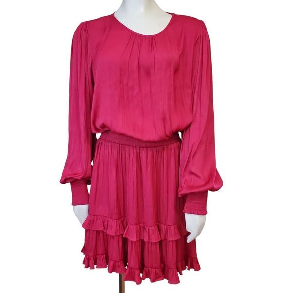 Evereve Dresses & Skirts - Evereve Hailey Hot Pink Fit & Flare Mini Dress Size L Long Sleeve Tiered Satin